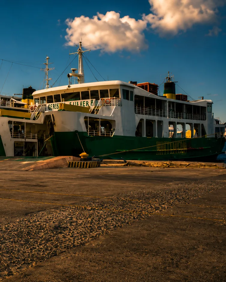 Ceres ferries tied up at the port at golden hour