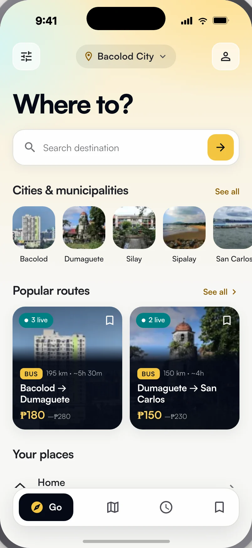 The Go screen, where every trip starts
