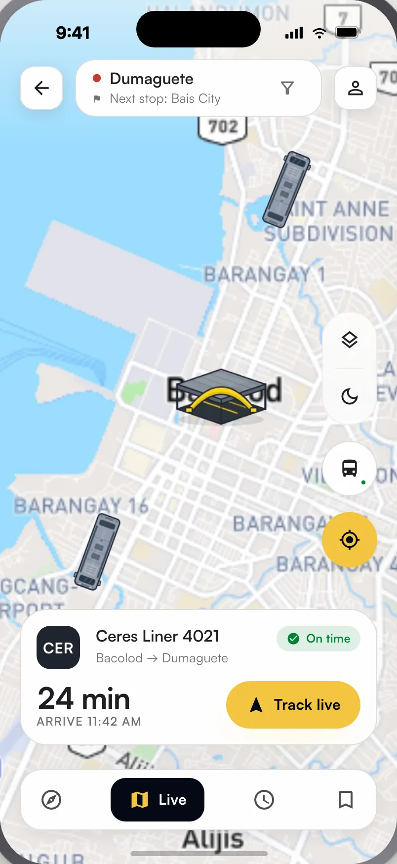 The live map, with the route pinned and the bus minutes from arrival