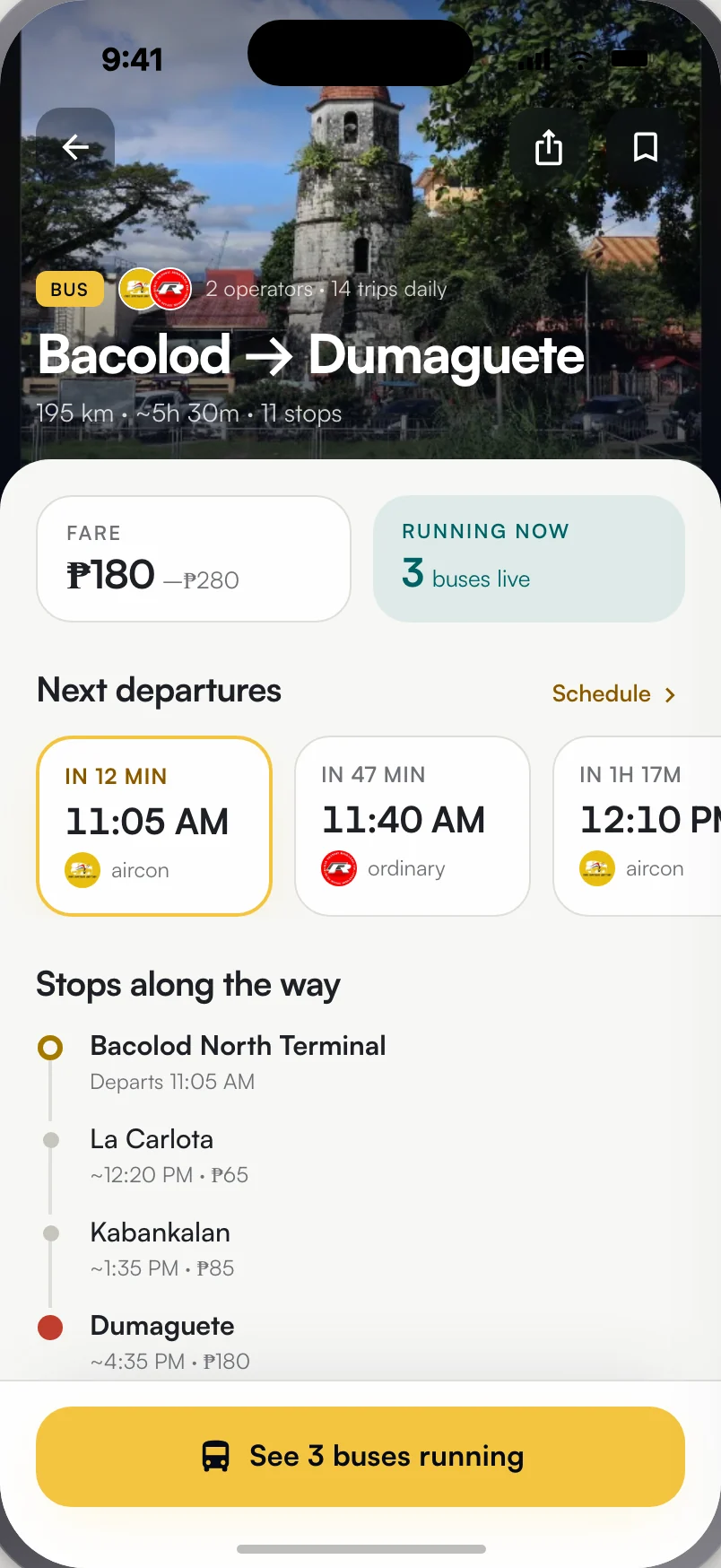 Route detail for Bacolod to Dumaguete, showing fare, departures and stops